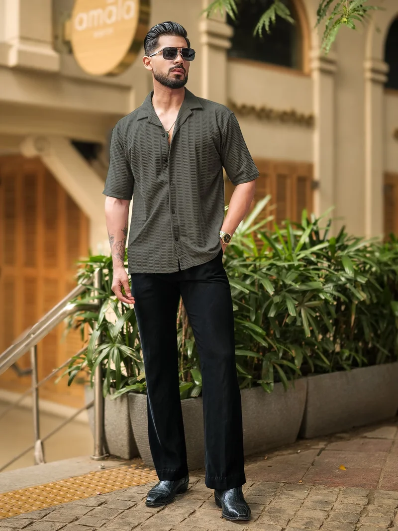 Maniac  Maniac Mens Solid Textured Collared Neck Half Sleeve Dark Grey Cotton Shirt for Men | Best Price UAE